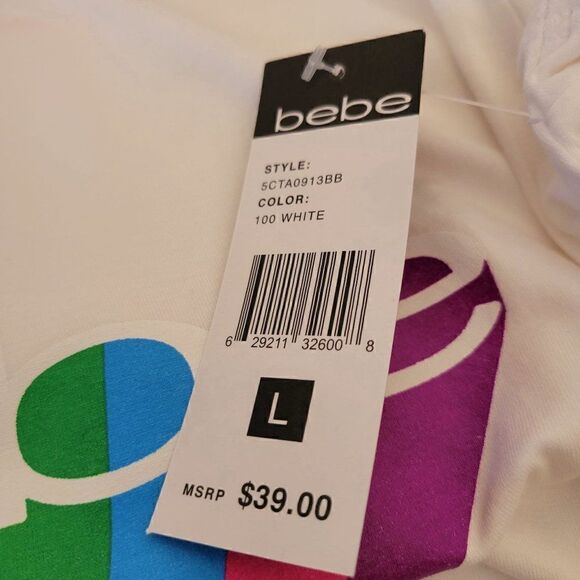 Bebe Womens White Tee With Rainbow Logo (Size L) - Picture 6 of 8